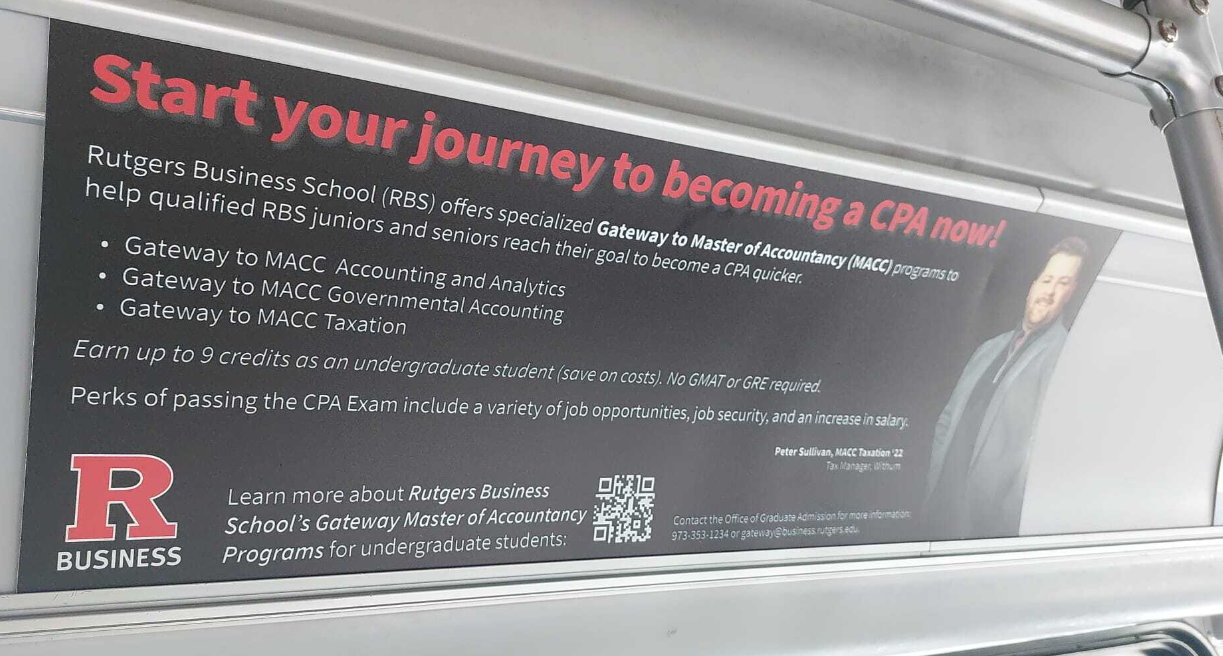 MSSmedia Successful Campus Media Campaign Transit Advertising - Rutgers CPA bus card