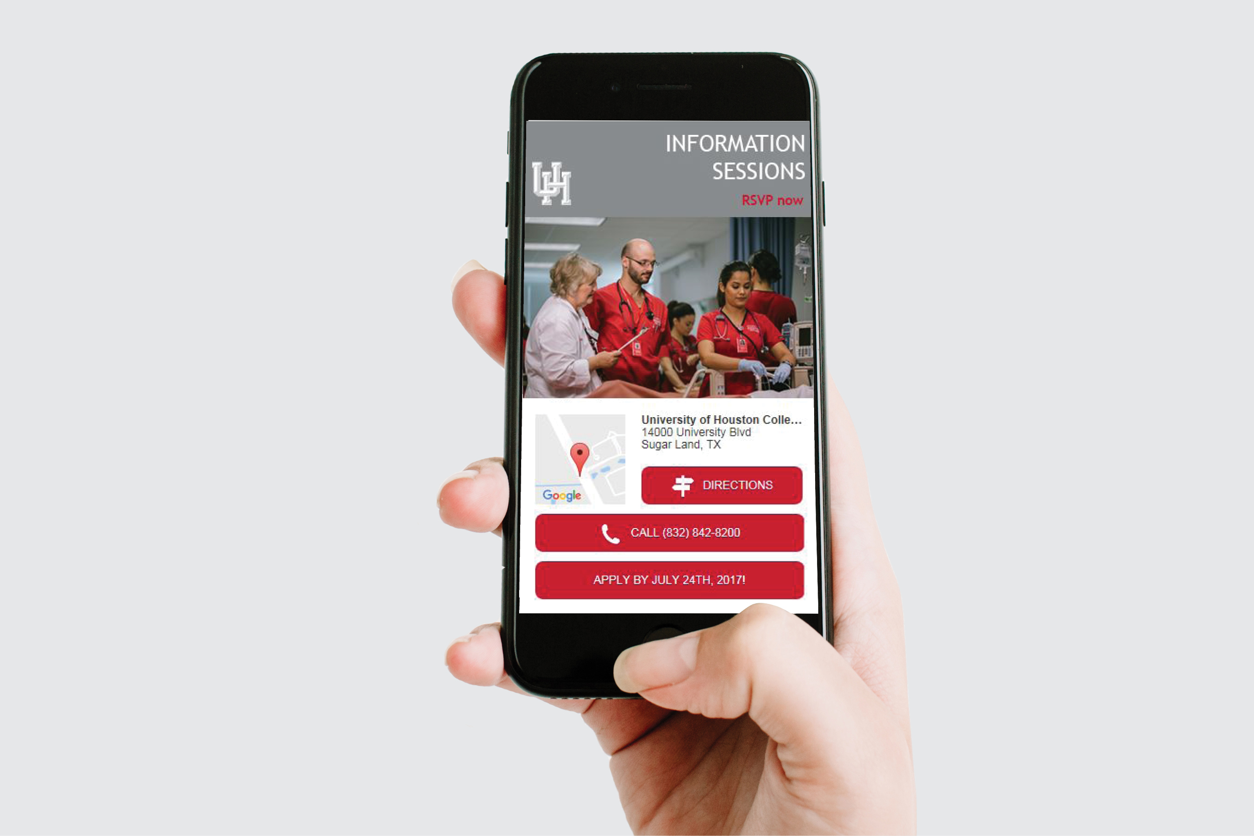 Mobile phone with landing page for University of Houston