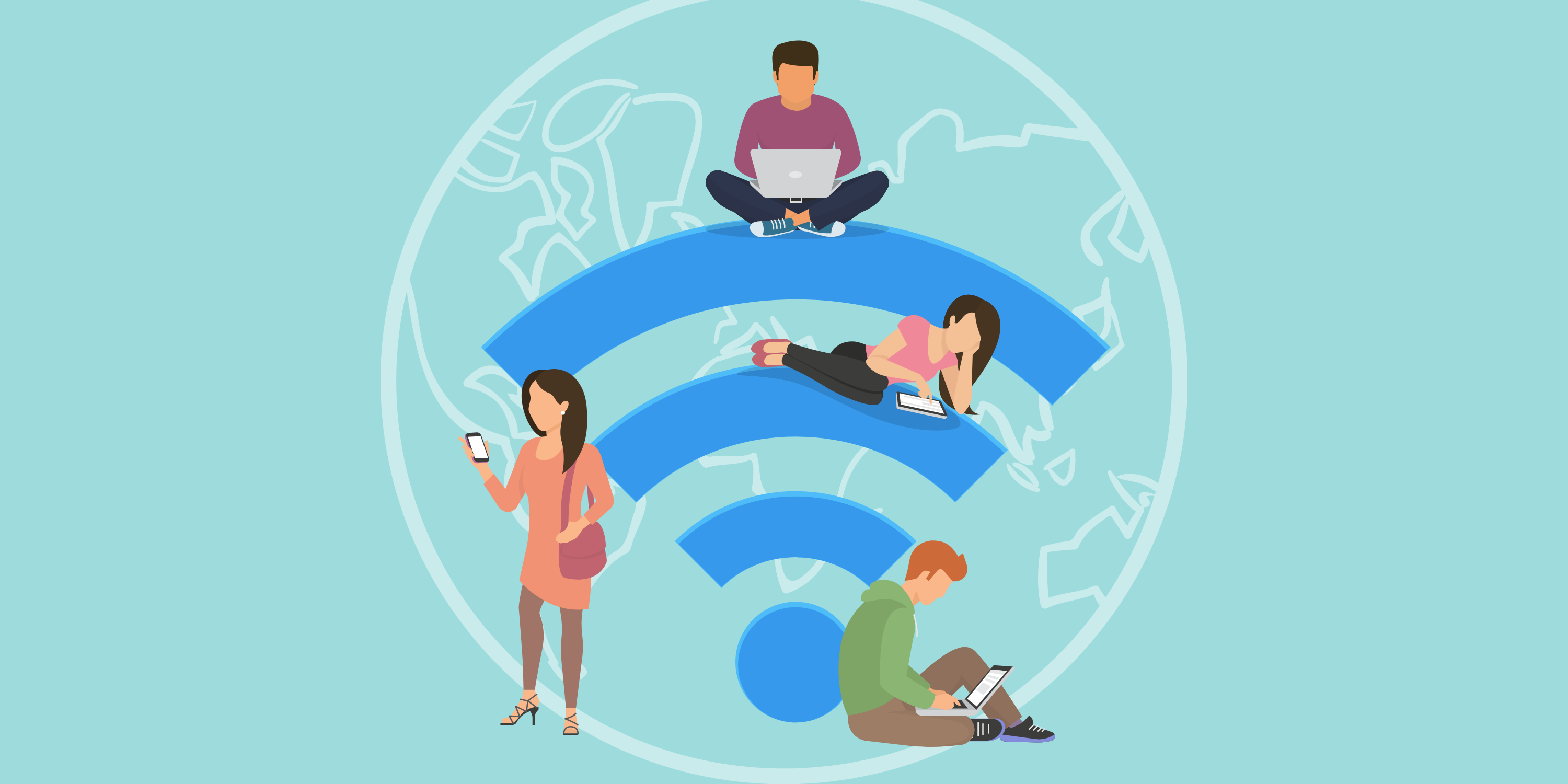 Illustration - wifi icon with people using different digital devices