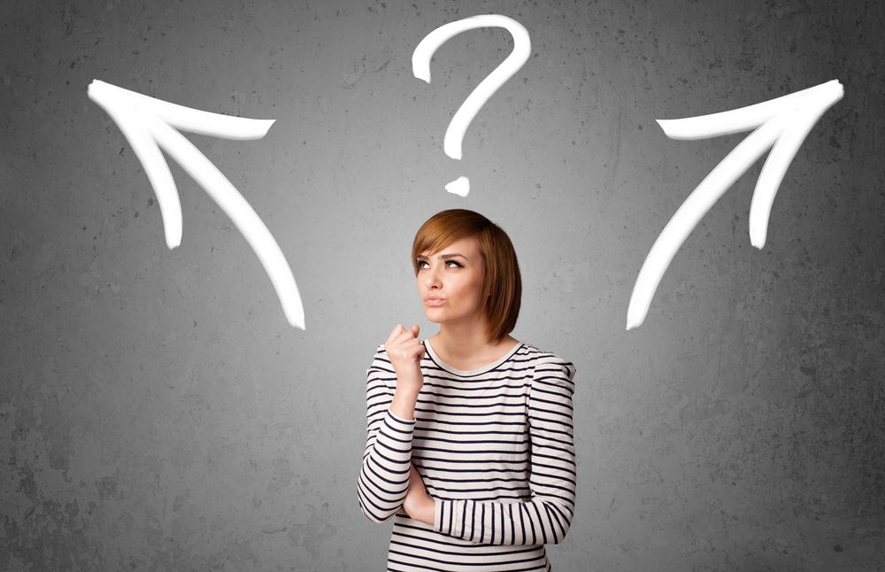 how to advertise on campus - a woman thinking with two arrows and a question mark above her head